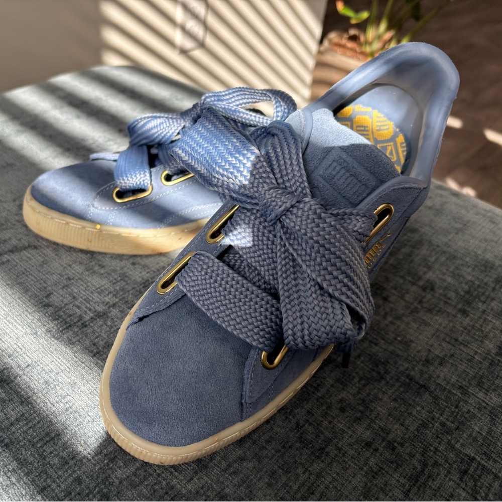 Puma Suede Heart Satin Ribbon Sneakers in Light Blue with Cream Soles